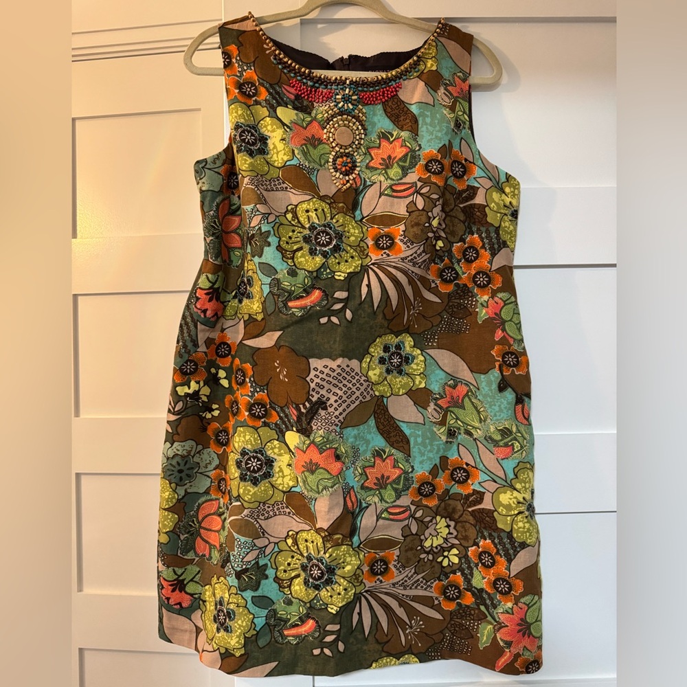 Vintage Floral Sleeveless Linen Dress with Multi-color Beading Size 16, LIKE NEW